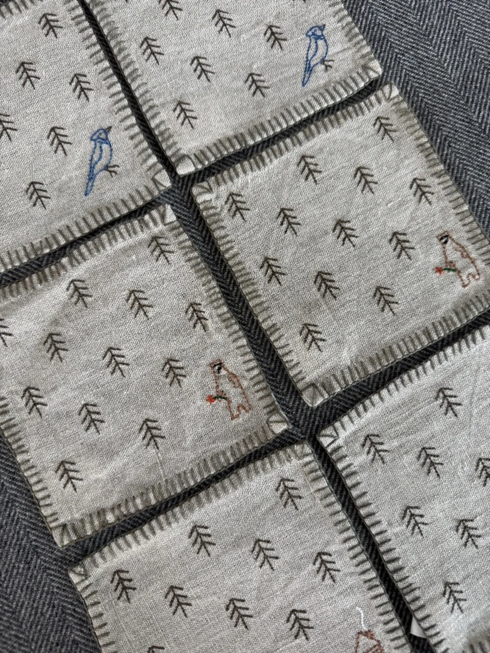 NWOT, ROOST, DARLING 100% LINEN, EMBROIDERED COASTERS, SET OF 6